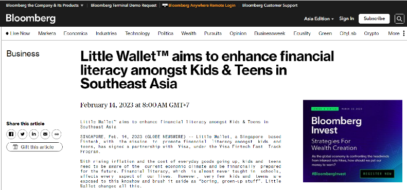 Bloomberg : Little Wallet -  Ứng dụng nâng cao nhận thức tài chính cho thanh thiếu niên tại Đông Nam Á ghi dấu ấn mạnh mẽ